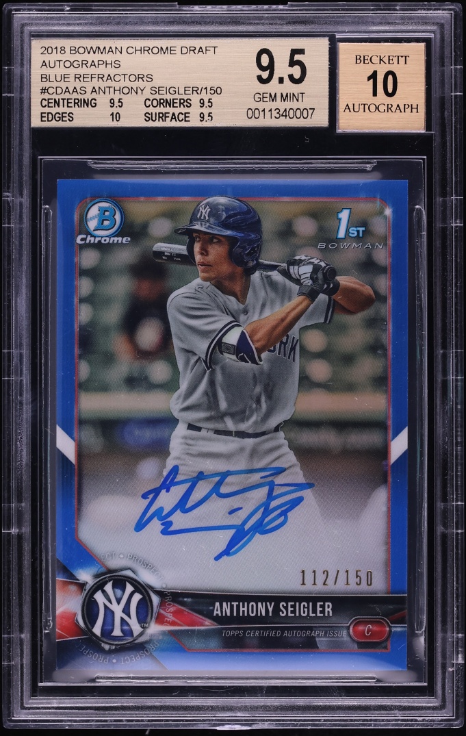 2018 Bowman Chrome Draft Blue Refractor Anthony Seigler PROSPECT AUTO /150 #CDA-AS BGS 9.5 GEM
