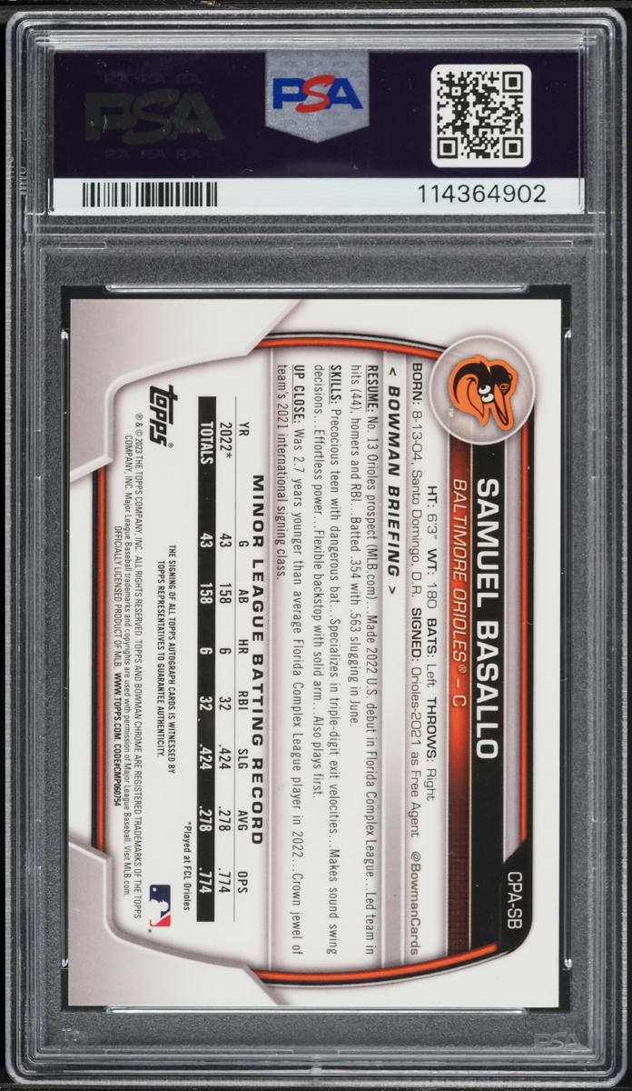 2023 Bowman Chrome Gold Samuel Basallo PROSPECT AUTO /50 #CPASB PSA 10 GEM MINT