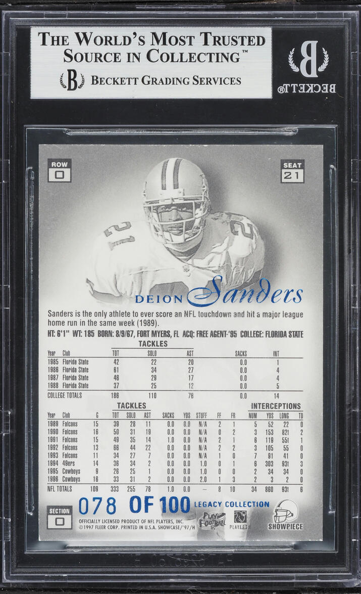1997 Flair Showcase Legacy Collection Row 0 Deion Sanders /100 #C21 BGS 9 MINT - Photo 2