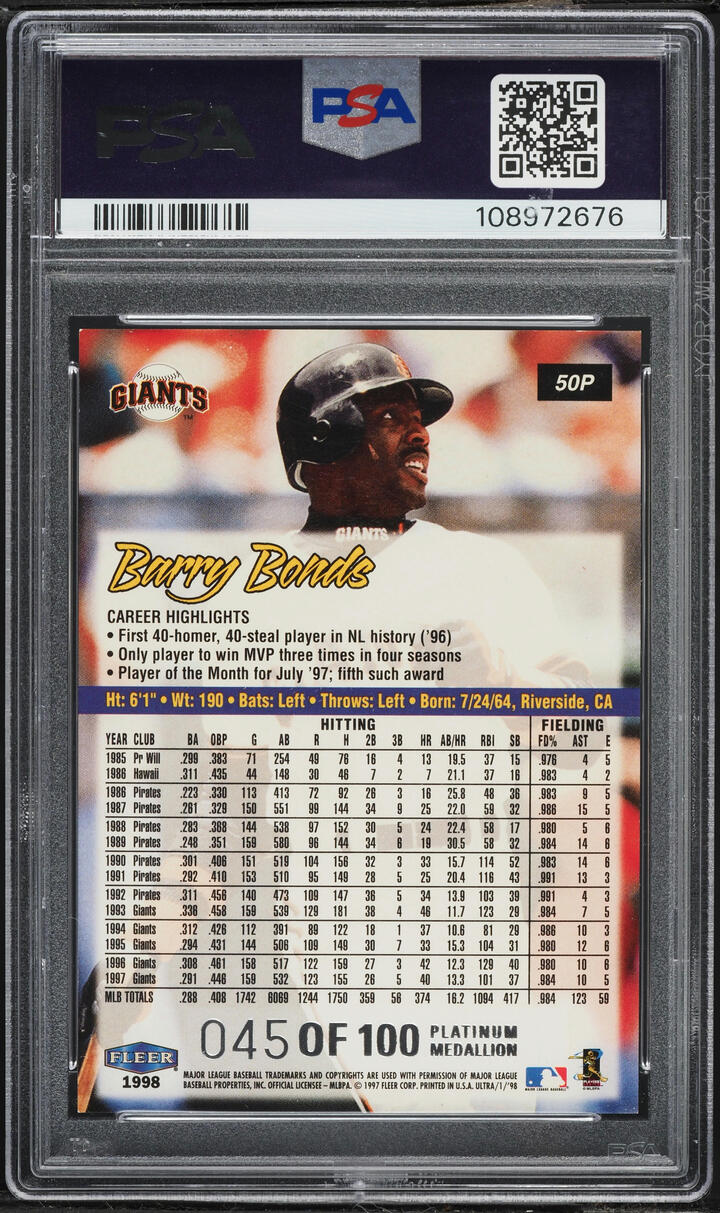 1998 Ultra Platinum Medallion Barry Bonds /100 #50P PSA 9 MINT - Photo 2