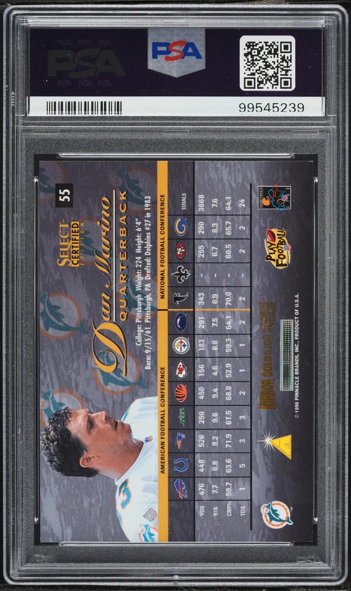 1996 Select Certified Mirror Gold Dan Marino #55 PSA 9 MINT - Photo 2
