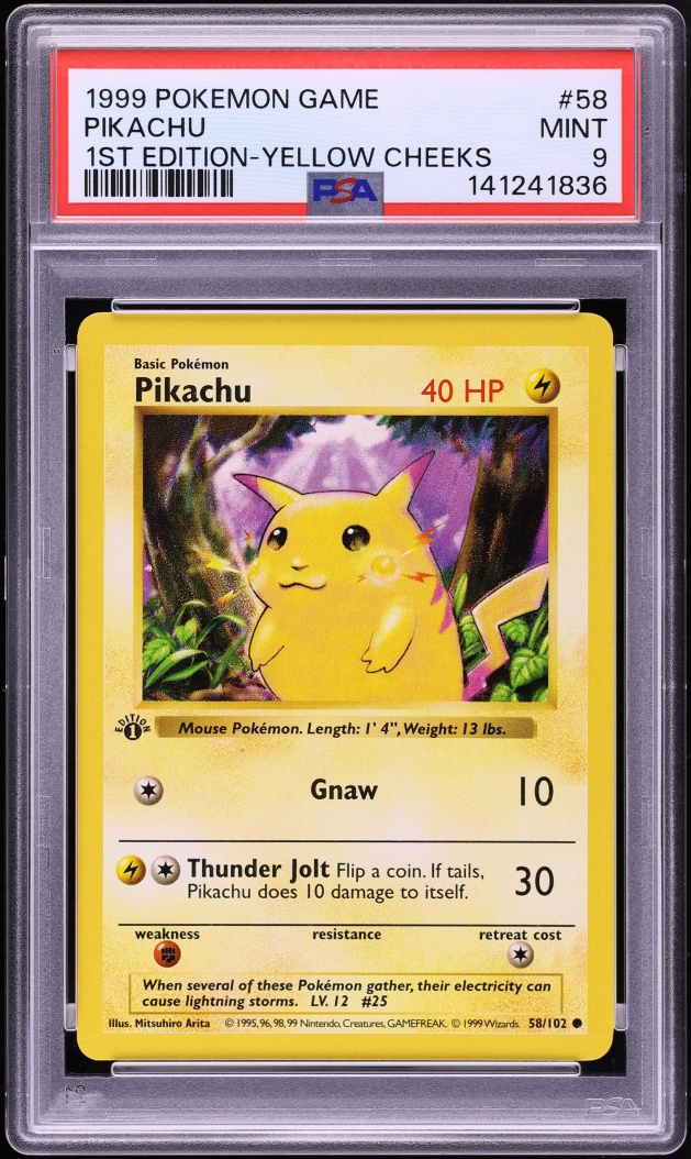 1999 Pokemon Base Set Shadowless 1st Edition Yellow Cheeks Pikachu #58 PSA 9 MINT