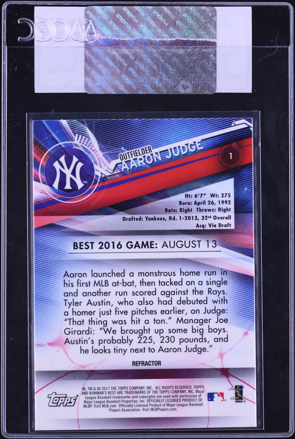 2017 Bowman's Best Refractor Aaron Judge ROOKIE #1 CGC AUTH