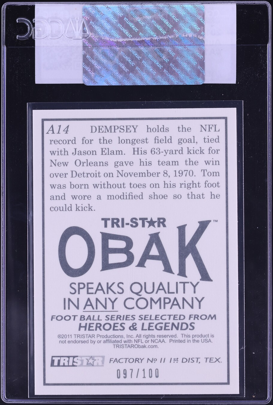 2011 Tristar Obak Tom Dempsey AUTO /100 #A14 CGC AUTH