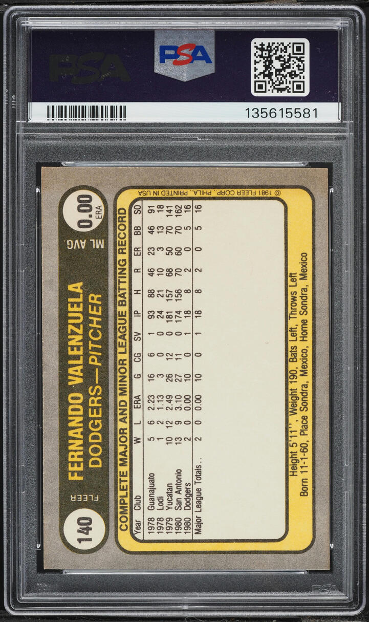 1981 Fleer Fernando Valenzuela ROOKIE #140 PSA 8 NM-MT