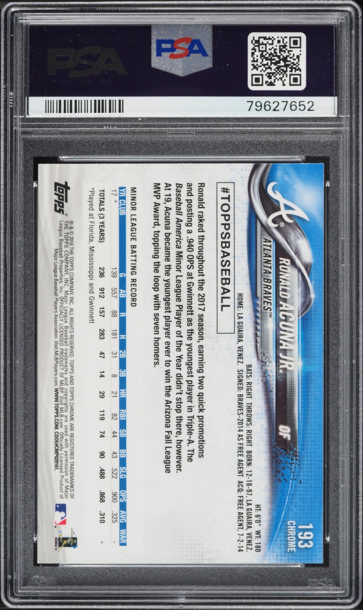 2018 Topps Chrome Prism Refractor Ronald Acuna Jr. ROOKIE #193 PSA 10 GEM MINT - Photo 2