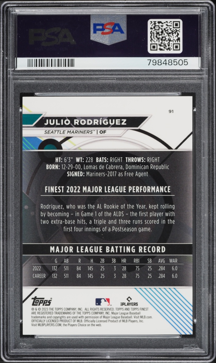 2023 Finest Gold Julio Rodriguez /50 #91 PSA 10 GEM MINT - Photo 2