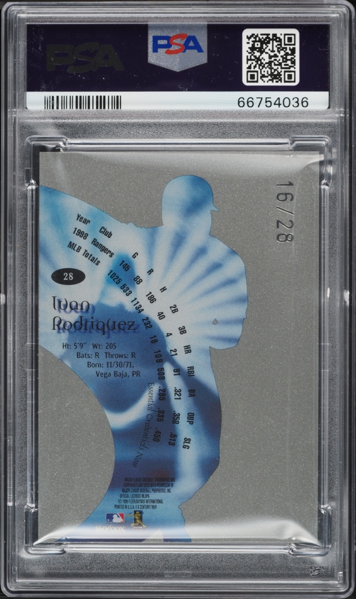1999 Skybox E-X Century Essential Credentials Now Ivan Rodriguez /28 #28 PSA 9 MINT - Photo 2