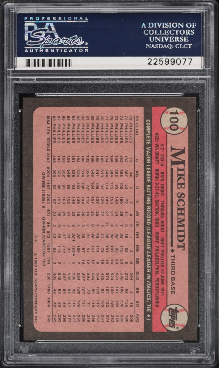 1989 Topps Mike Schmidt #100 PSA 10 GEM MINT - Photo 2