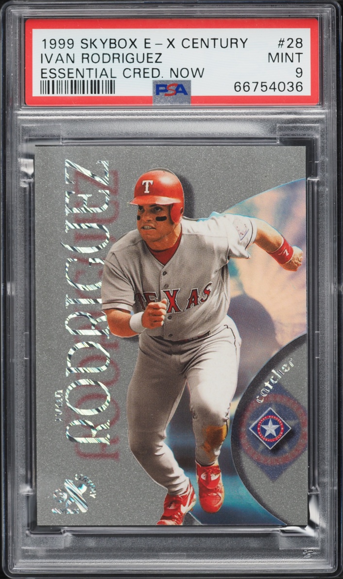 1999 Skybox E-X Century Essential Credentials Now Ivan Rodriguez /28 #28 PSA 9 MINT - Photo 1