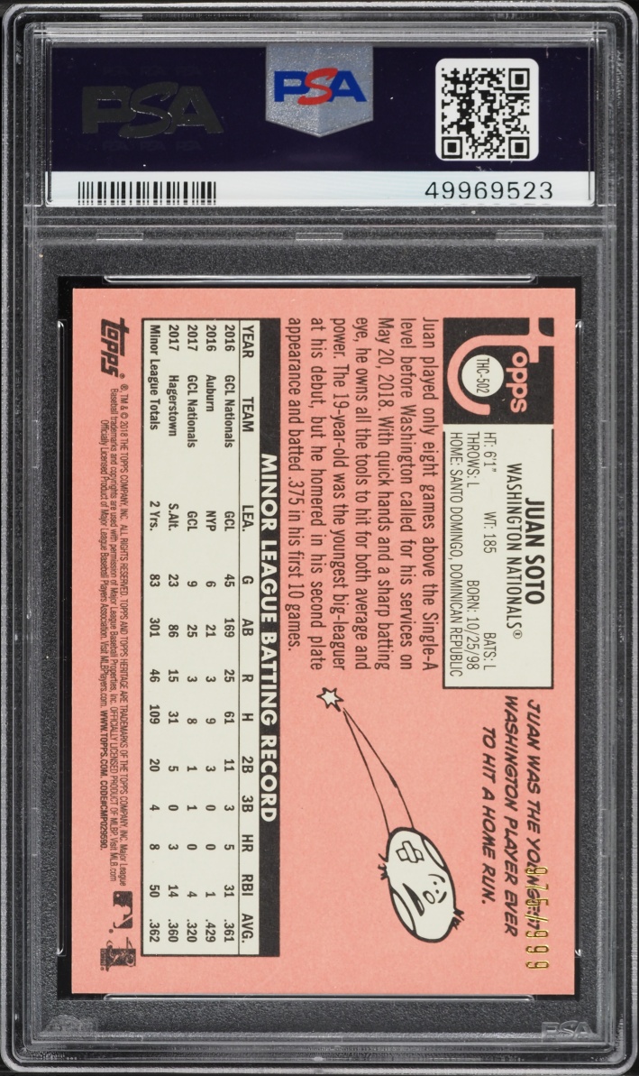 2018 Topps Heritage Chrome Juan Soto ROOKIE /999 #502 PSA 10 GEM MINT - Photo 2