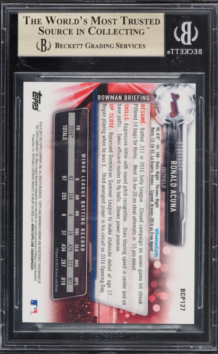 2017 Bowman Chrome Blue Shimmer Refractor Ronald Acuna PROSPECT #BCP127 BGS 9.5 GEM MINT - Photo 2