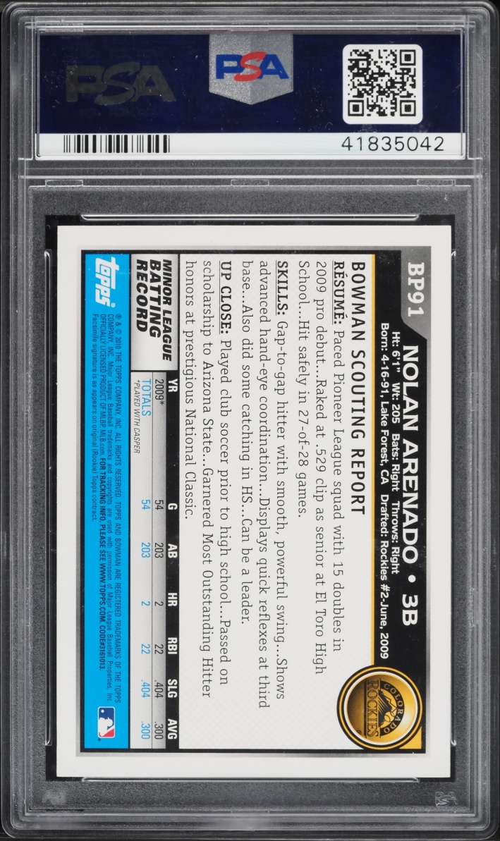 2010 Bowman Black Border Redemption Nolan Arenado PROSPECT #BP91 PSA 10 GEM MINT - Photo 2