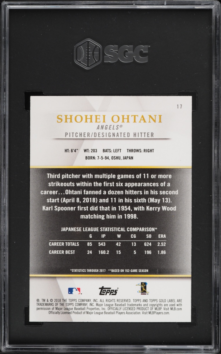 2018 Topps Gold Label Class 3 Shohei Ohtani ROOKIE #17 SGC 10 GEM MINT - Photo 2