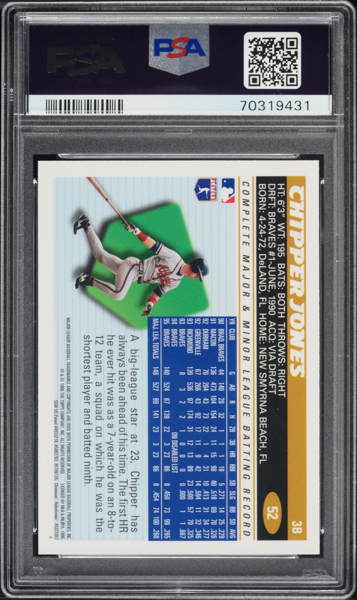 1996 Topps Chrome Chipper Jones #52 PSA 10 GEM MINT - Photo 2