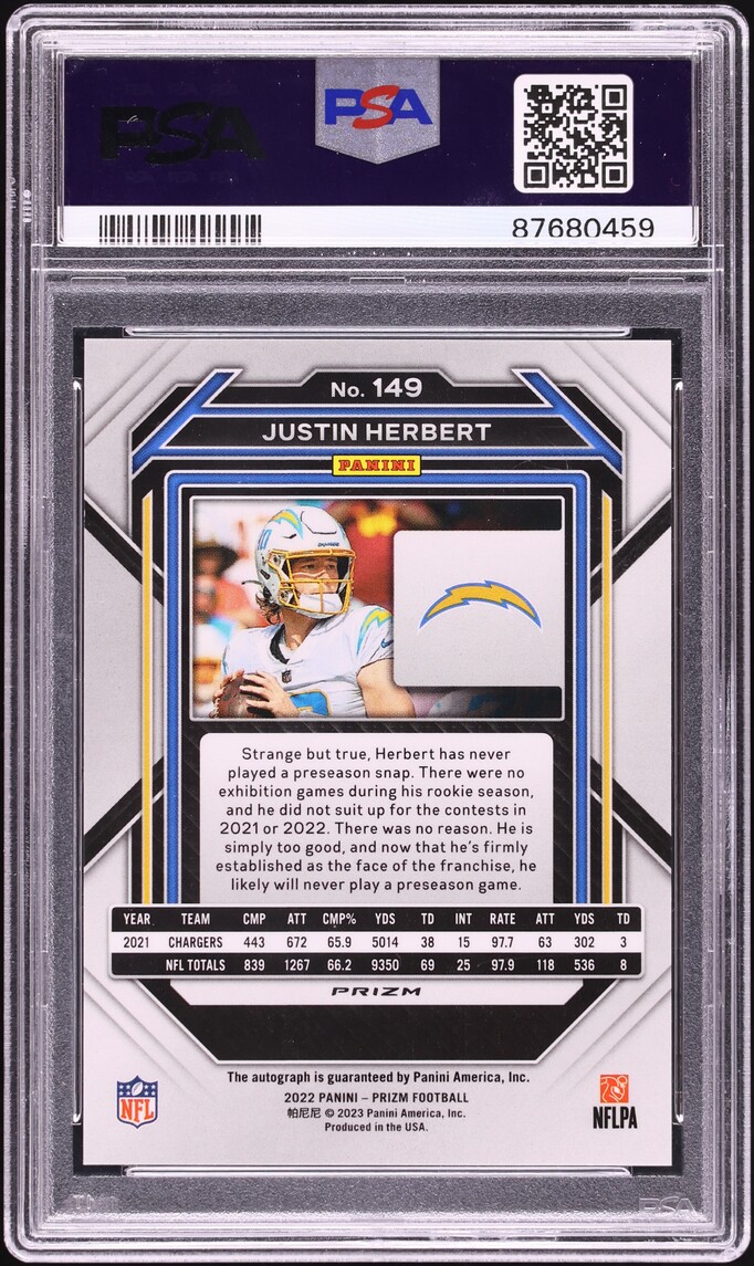 2022 Panini Prizm Silver Justin Herbert AUTO #149 PSA 9 MINT