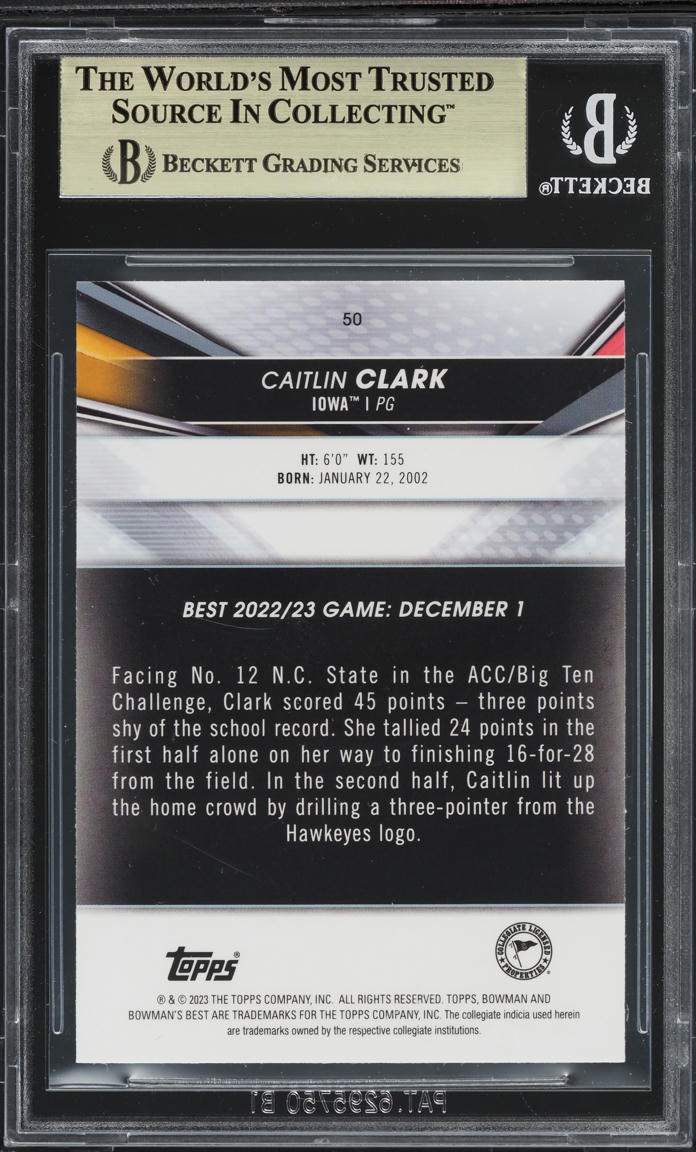 2022 Bowman's Best University Caitlin Clark ROOKIE #50 BGS 9.5 GEM MINT