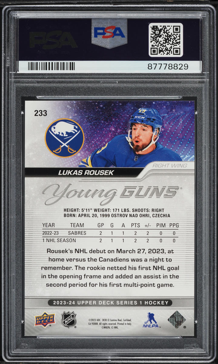 2023 Upper Deck Young Guns Lukas Rousek ROOKIE #233 PSA 10 GEM MINT