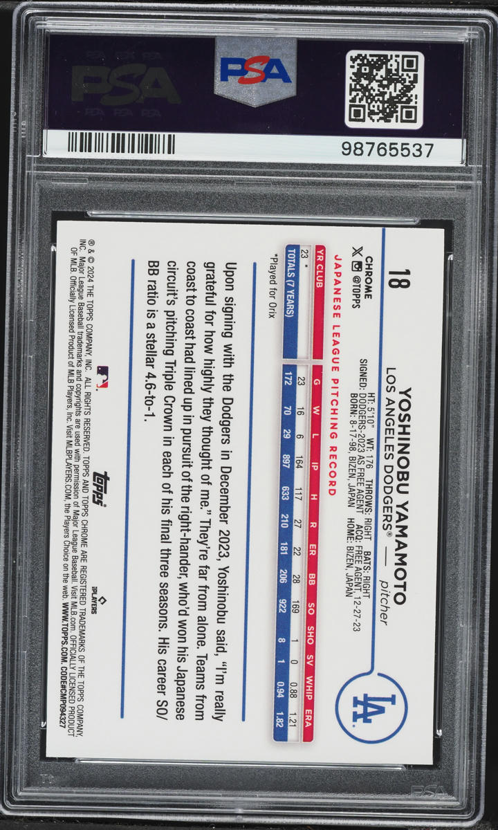 2024 Topps Chrome Big Apple Refractor Yoshinobu Yamamoto ROOKIE #18 PSA 9 MINT