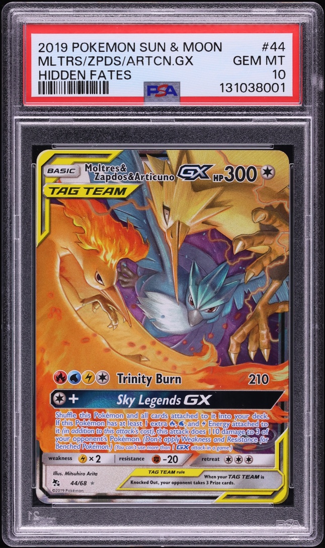 2019 Pokemon Sun & Moon Hidden Fates Moltres & Zapdos & Articuno GX #44 PSA 10 GEM MINT