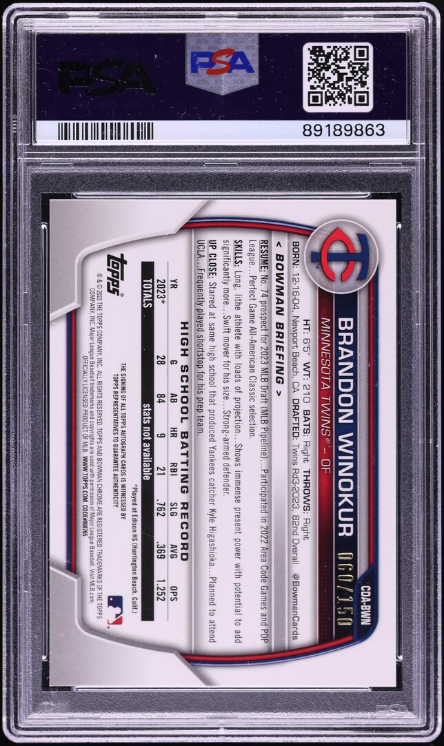 2023 Bowman Chrome Draft Blue Brandon Winokur PROSPECT AUTO DNA 10 /150  #CDA-BWN PSA 10 GEM