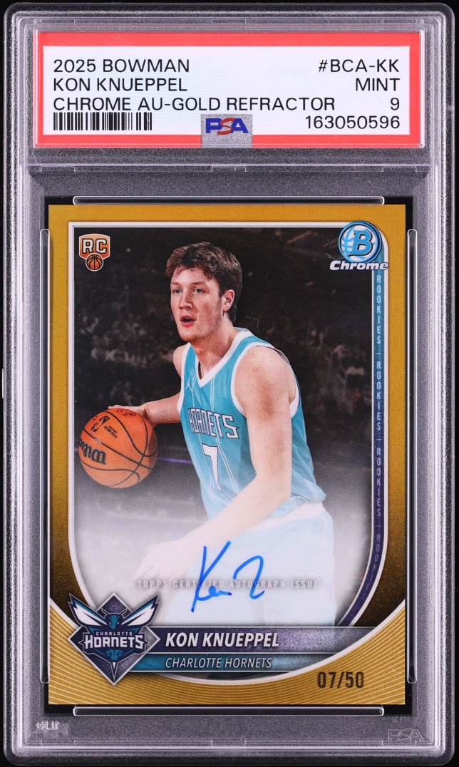 2025 Bowman Chrome Gold Refractor Kon Knueppel ROOKIE AUTO JERSEY # 7/50 #BCA-KK PSA 9 MINT