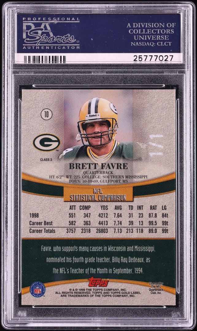 1999 Topps Gold Label Class 3 Gold Brett Favre 1/1 #10 PSA 9 MINT - Photo 2
