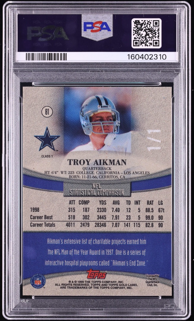 1999 Topps Gold Label Class 1 Red Troy Aikman 1/1 #81 PSA 9 MINT - Photo 2