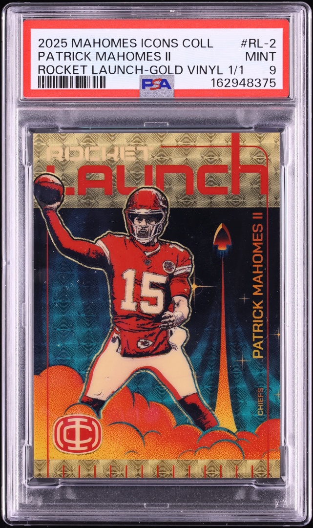 2025 Panini Icons Collection Rocket Launch Gold Vinyl Prizm Patrick Mahomes II 1/1 #RL-2 PSA 9