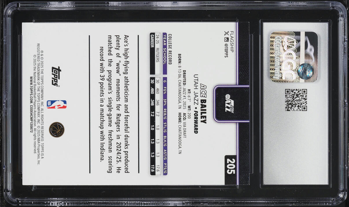 2025 Topps Basketball Ace Bailey ROOKIE #205 CGC 9 MINT