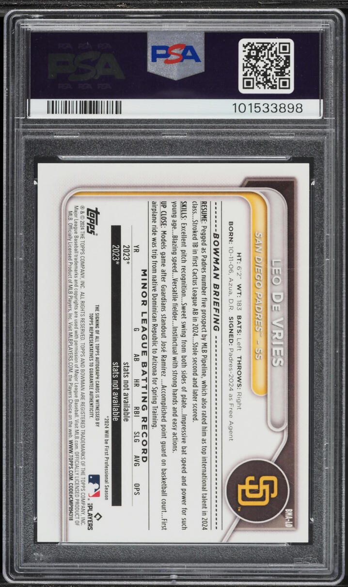 2024 Bowman Chrome Mega Box Purple Leo De Vries PROSPECT AUTO /199 #LD PSA 9 MINT