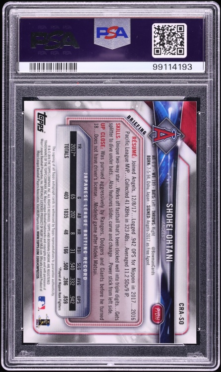 2018 Bowman Chrome Shohei Ohtani ROOKIE AUTO #CRA-SO PSA 9 MINT - Photo 2