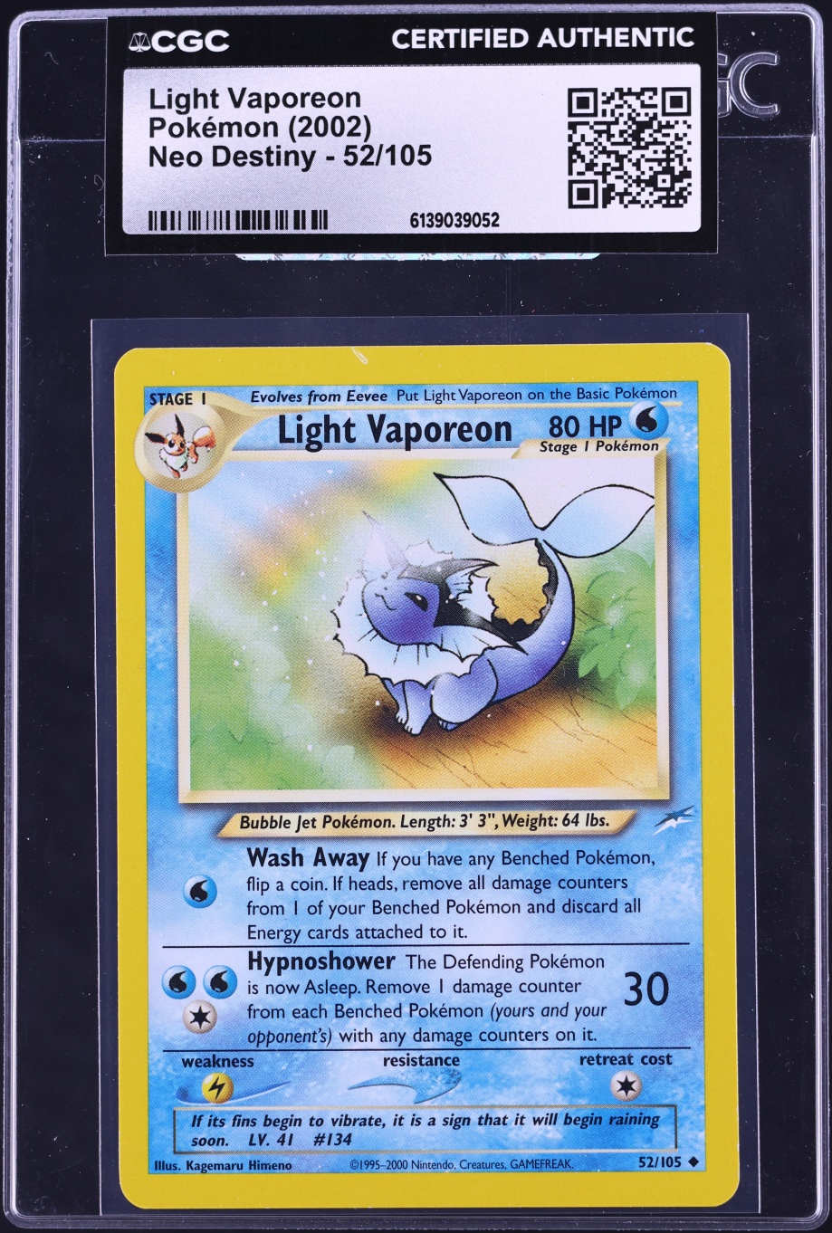 2002 Pokemon Neo Destiny Light Vaporeon #52 CGC AUTH