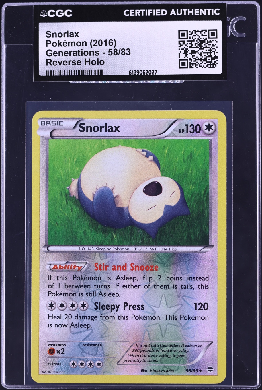 2016 Pokemon XY Generations Reverse Holo Snorlax #58 CGC AUTH
