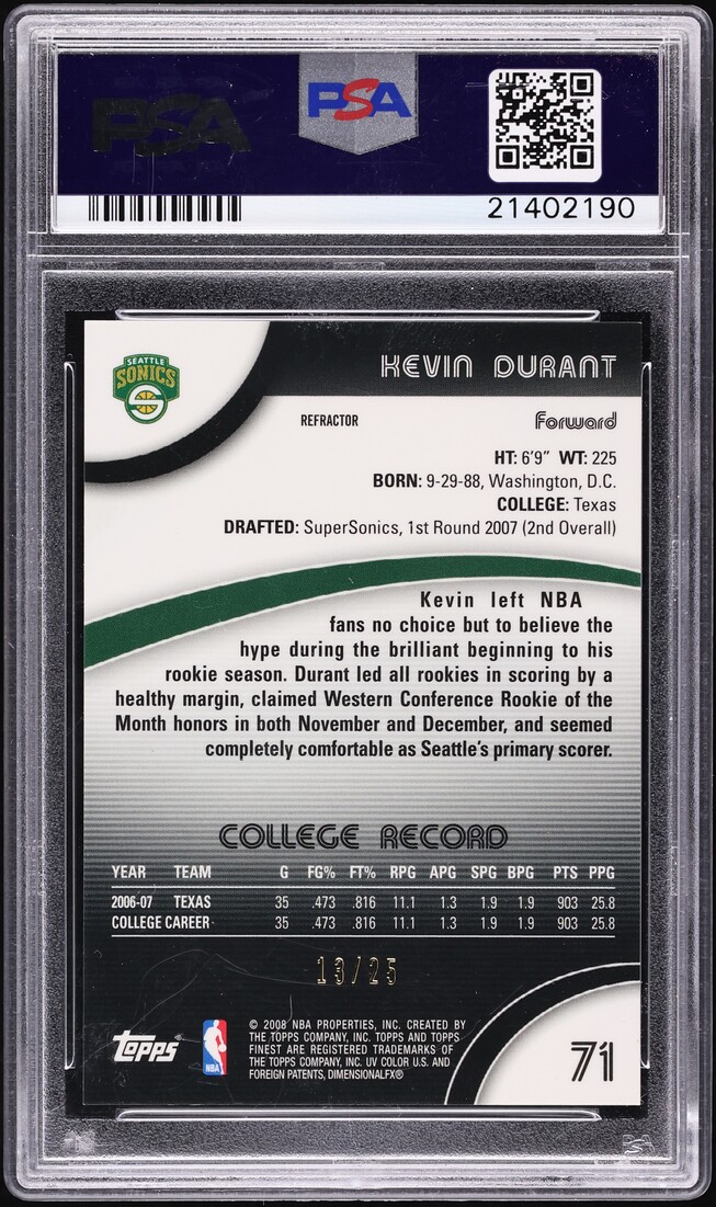 2007 Finest Gold Refractor Kevin Durant ROOKIE /25 #71 PSA 10 GEM MINT