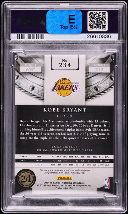 2014 Panini Preferred Silhouettes Prime Kobe Bryant PATCH AUTO DNA 10 /25 #234 PSA 10 GEM MINT
