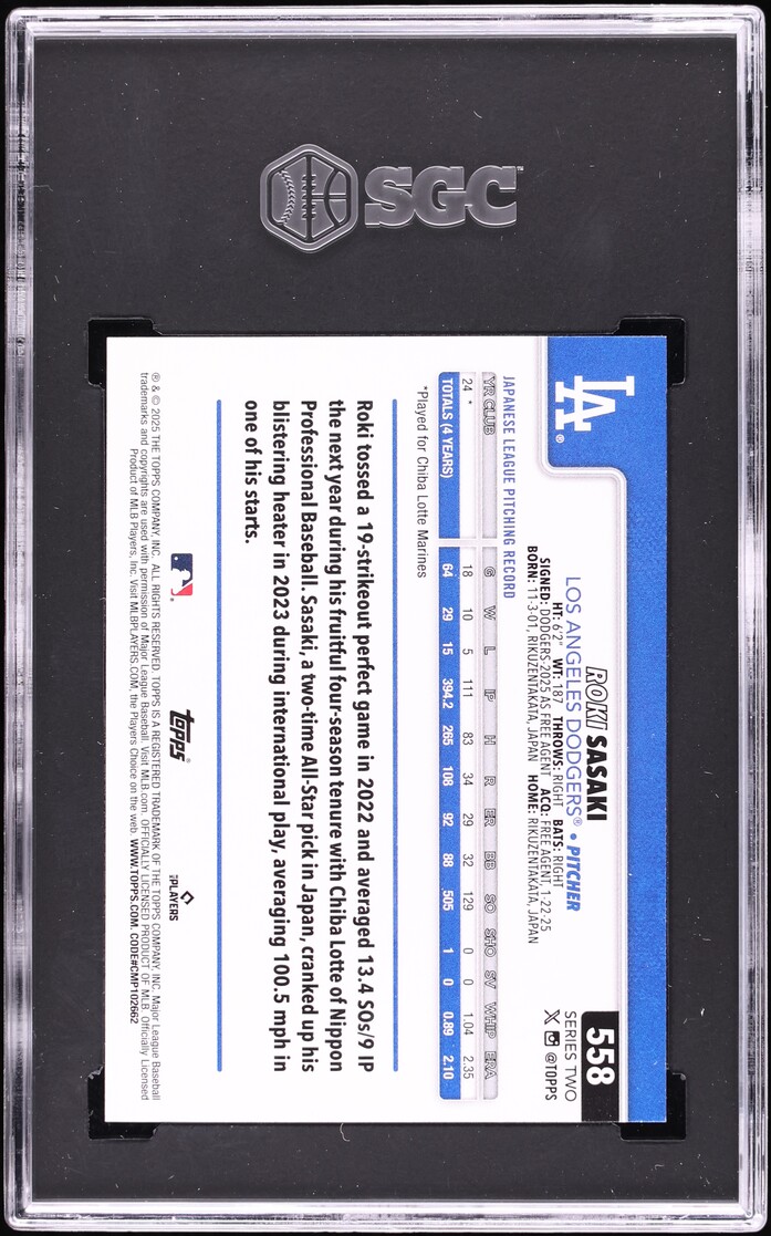 2025 Topps Roki Sasaki ROOKIE #558 SGC 10 GEM MINT
