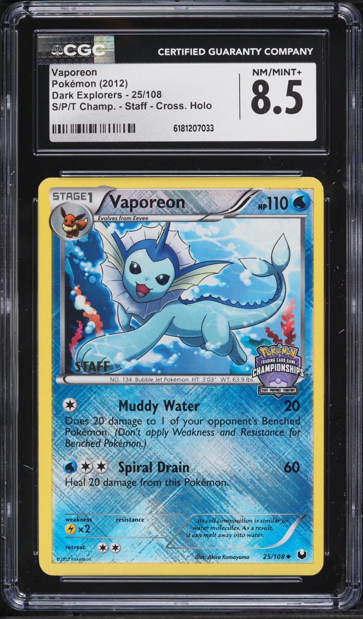 2012 Pokemon BW Dark Explorers Championshops Staff Crosshatch Holo Vaporeon #25 CGC 8.5 NM-MT+
