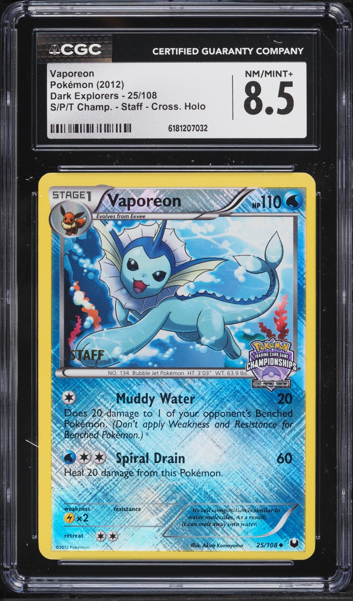2012 Pokemon BW Dark Explorers Championshops Staff Crosshatch Holo Vaporeon #25 CGC 8.5 NM-MT+
