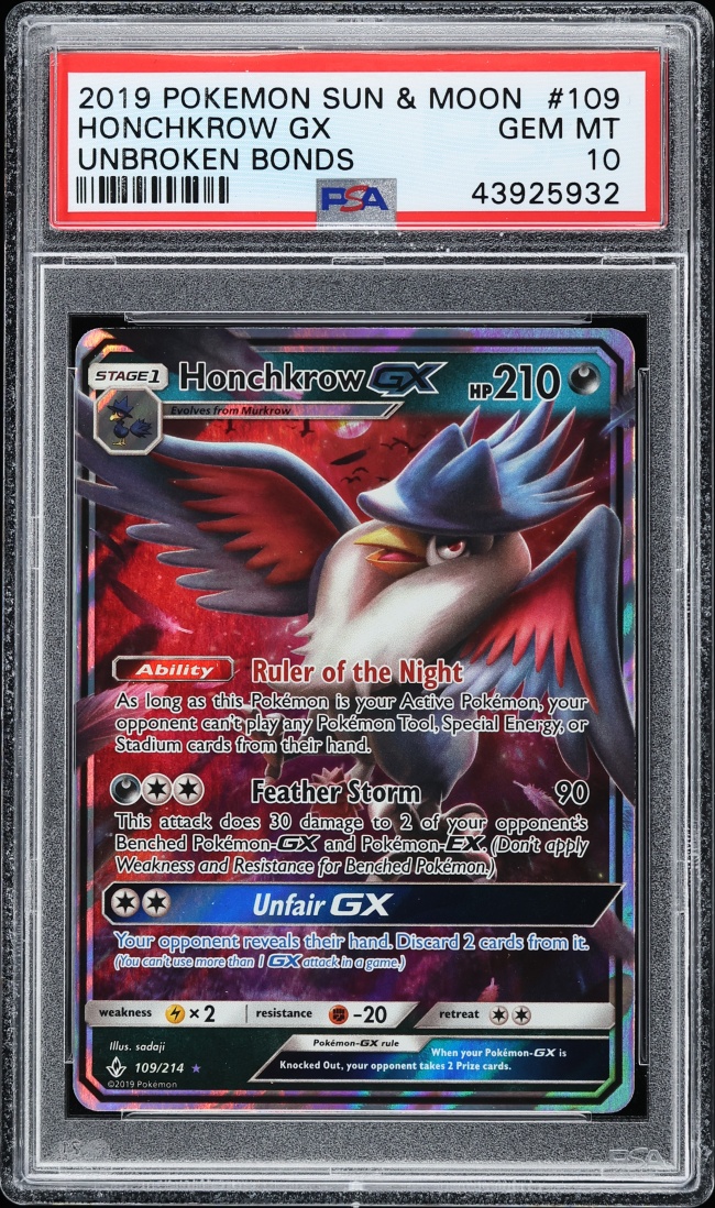 2019 Pokemon Sun & Moon Unbroken Bonds Honchkrow GX #109 PSA 10 GEM MINT