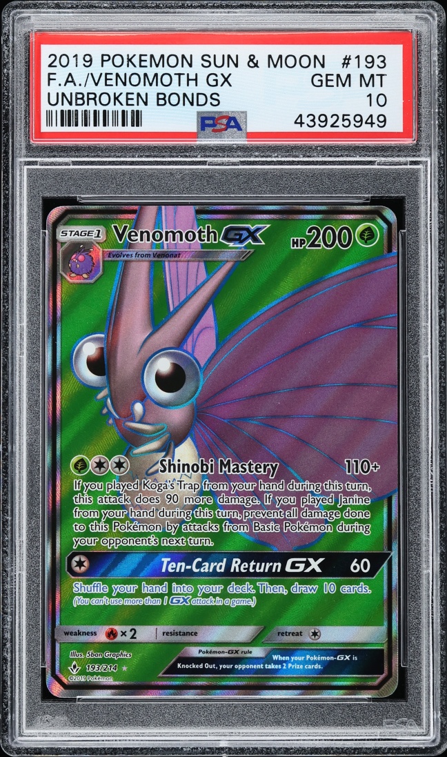 2019 Pokemon Sun & Moon Unbroken Bonds Full Art Venomoth GX #193 PSA 10 GEM MINT