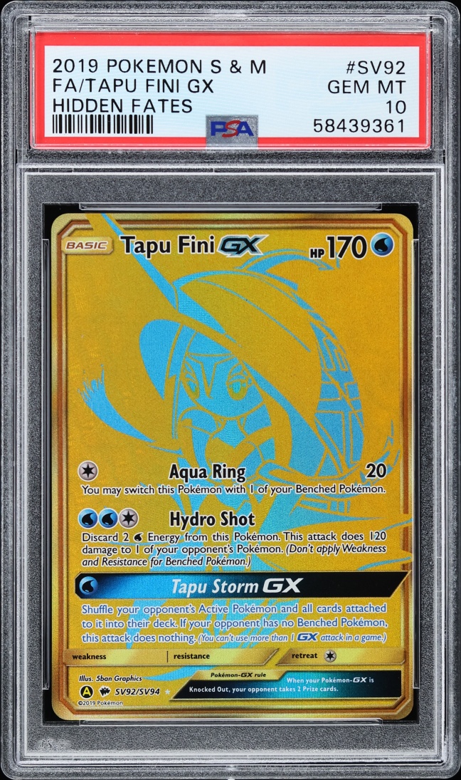 2019 Pokemon Sun & Moon Hidden Fates Gold Rare Tapu Fini GX #SV92 PSA 10 GEM MINT