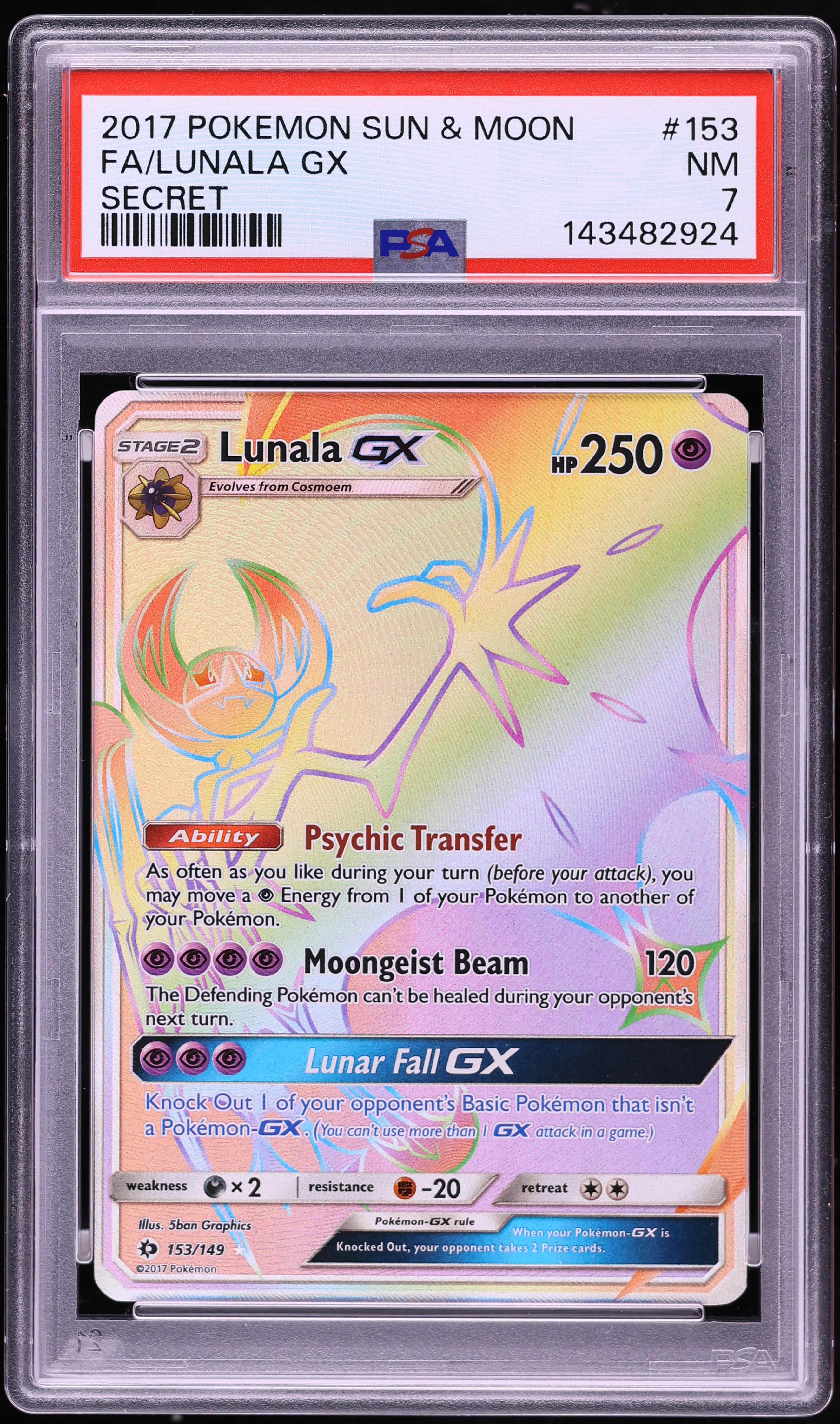 2017 Pokemon Sun & Moon Rainbow Rare Lunala GX #153 PSA 7 NRMT