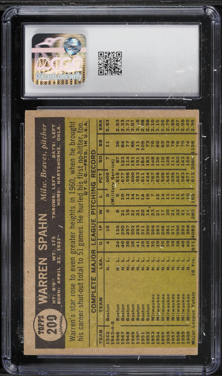 1961 Topps Warren Spahn #200 CGC 7 NRMT
