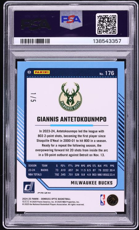 2024 Donruss Optic Green Giannis Antetokounmpo 1/5 #176 PSA 10 GEM MINT - Photo 2