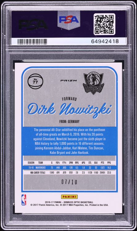 2016 Donruss Optic Gold Dirk Nowitzki /10 #77 PSA 9 MINT - Photo 2