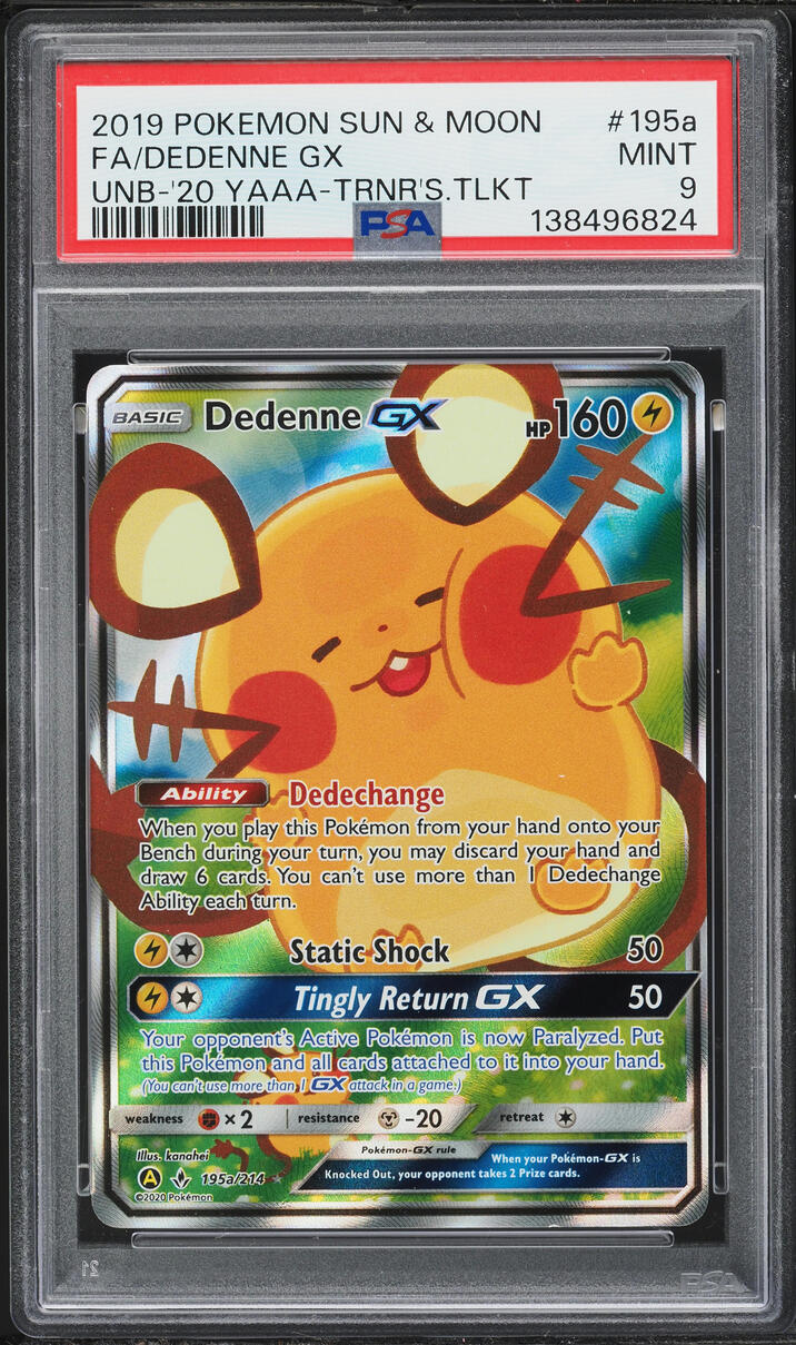2020 Pokemon Sun & Moon Unbroken Bonds Trainer's Toolkit Full Art Dedenne GX #195a PSA 9 MINT