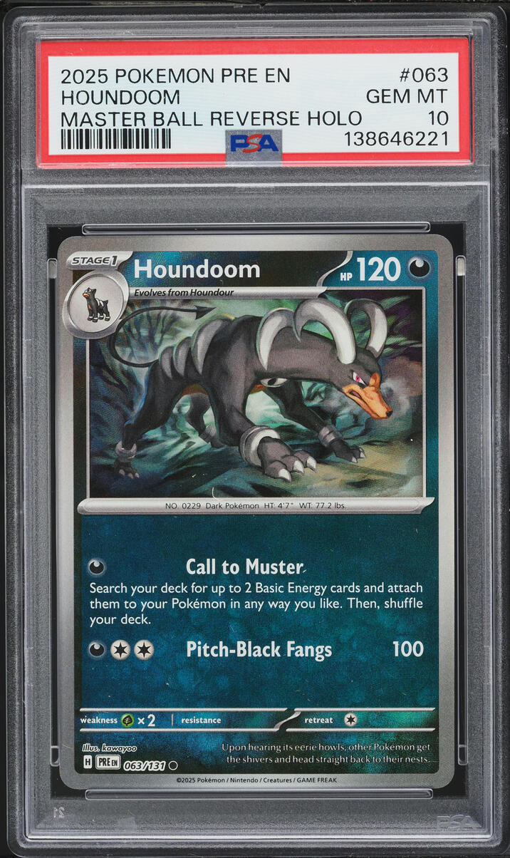 2025 Pokemon SV Prismatic Evolutions Master Ball Holo Houndoom #63 PSA 10 GEM MINT