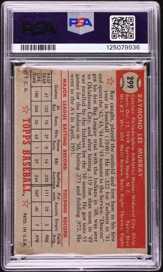 1952 Topps Ray Murray #299 PSA 4 VGEX