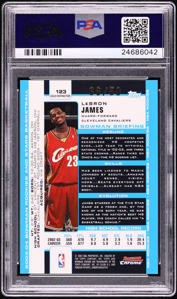 2003 Bowman Chrome Gold Refractor LeBron James ROOKIE /50 #123 PSA 10 GEM MINT